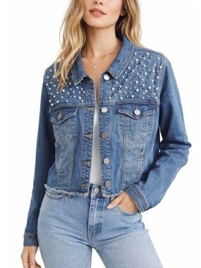 Lane Bryant Blue Denim Jacket with Pearl Embellishments